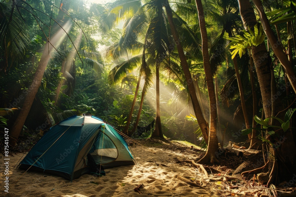 Poster A green tent is pitched on a sandy forest clearing with sun rays filtering through the dense canopy of trees, creating a captivating and inviting camping setting.