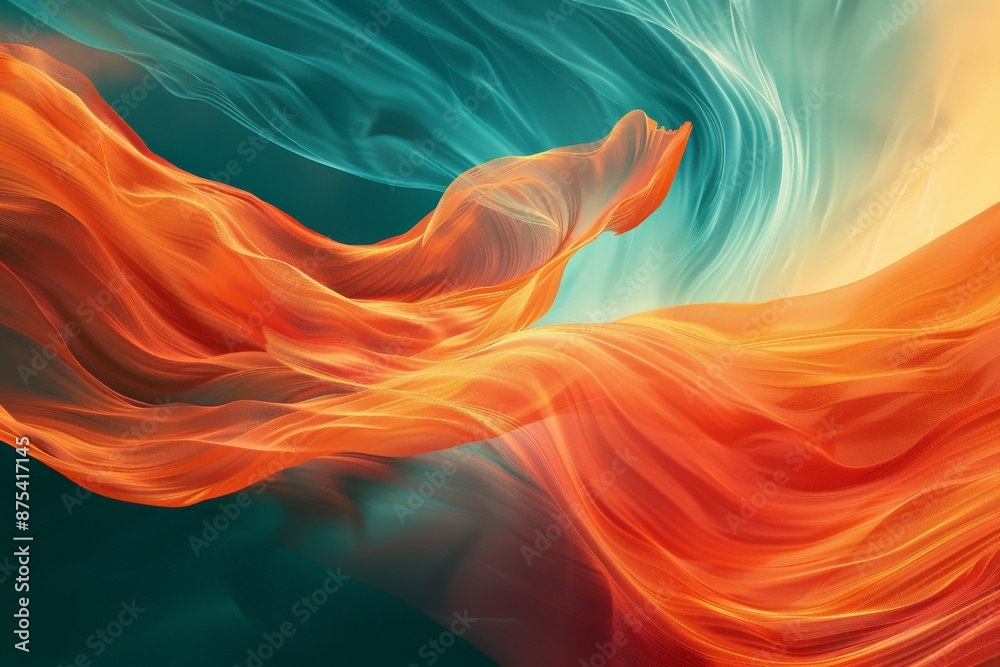 Poster an energetic digital painting featuring dynamic, fluid shapes in vibrant orange and teal. the interp