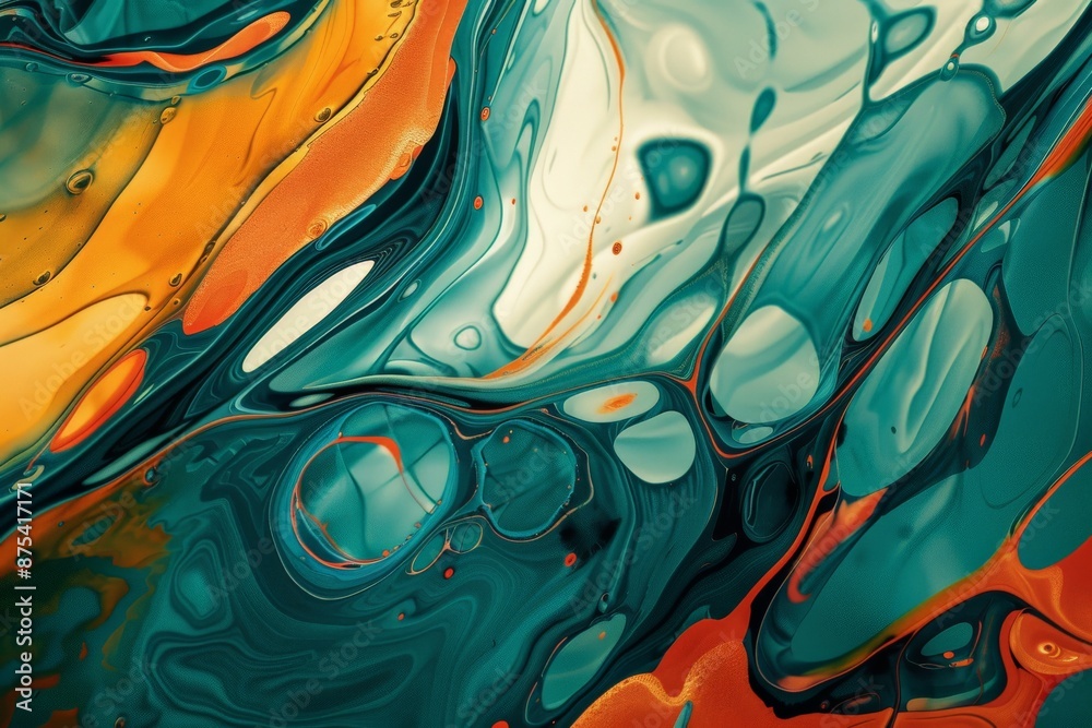Aufkleber A dynamic and colorful abstract painting dominated by blue and orange hues, showcasing swirling fluid patterns that evoke a sense of motion and energy.