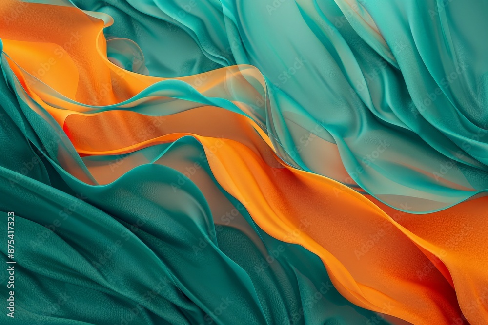 Poster This image captures flowing waves of fabric-like textures in teal and orange, creating a sense of movement and grace, blending colors seamlessly to form a captivating abstract composition.