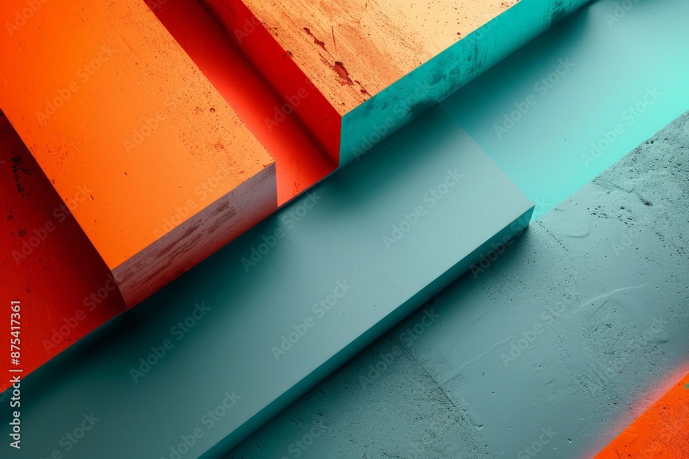 Leinwandbilder This image features an abstract arrangement of textured blocks in vivid orange and teal hues, creating a compelling visual interplay between color, form, and texture.