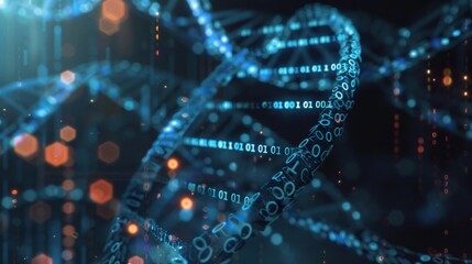 Futuristic DNA Data Storage Visualization with Binary Code Blending into Double Helix