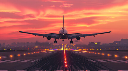 Commercial Airplane Landing at Sunset
