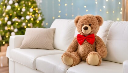 teddy bear sitting on a sofa