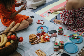 Two friends having a picnic in nature, playing card games and enjoying a variety of delicious foods and refreshing drinks.