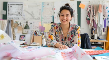 A high-resolution photo of a fashion designer smiling in their studio with fabric and sketches around