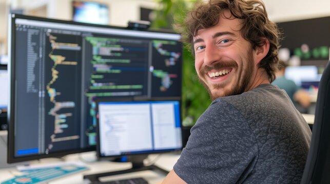 A high-resolution photo of a software developer smiling in their office with multiple monitors and coding on the screens
