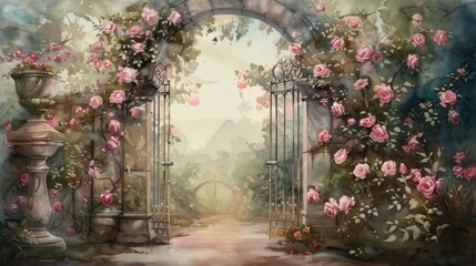 Obraz premium garden gate with roses, watercolor, detailed, wallpaper design, art pastel color, banner, and wall design for print