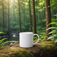Green eco mug mockup in natural background with green leaves.