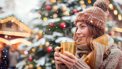 A woman is smiling as she holds a cup of hot chocolate in front of a Christmas tree