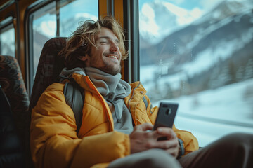 A Caucasian man uses a mobile phone by the window of a train with a mountain view.
