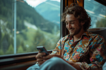 A Caucasian man uses a mobile phone by the window of a train with a mountain view.