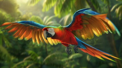 Obraz premium A colorful parrot in mid-flight, with vivid feathers contrasting against a tropical backdrop.