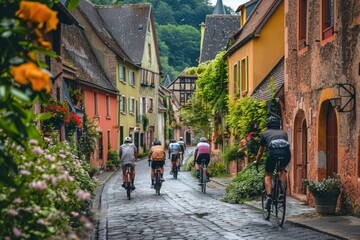 Scenic Village Bicycle Ride with Colorful Houses on Cobblestone Street - Perfect for Travel Posters