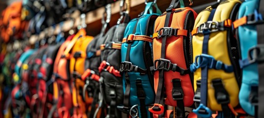 Fototapeta premium Variety of Climbing Harnesses on Display in Store, Highlighting Brands and Styles for Outdoor Enthusiasts