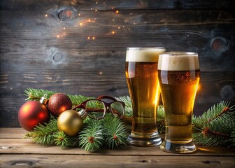 Vintage ornament and glasses of beer adorn a rustic chalkboard background, creating a festive design template for a retirement party invitation.
