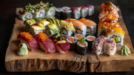 A colorful sushi platter with assorted nigiri and rolls, beautifully arranged on a traditional wooden sushi board.
