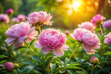 Obraz premium Delicate pink peonies bloom in lush green garden surrounded by soft golden light, with intricate petals and gentle curves, exuding serenity and beauty.