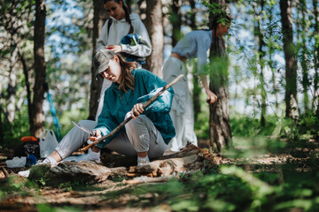 Fototapeta premium Group of friends embraced in an outdoor camping adventure, carving wood and bonding in a serene forest setting.