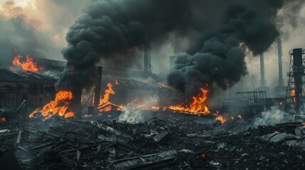 A controlled industrial fire with thick smoke billowing from burning debris.