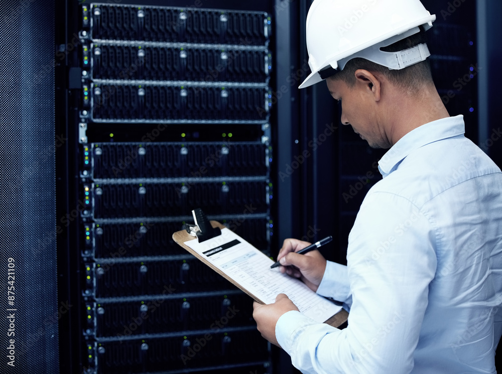 Poster Computer center, man and data engineer with checklist, back and safety as programmer. Male person, inspection and technology for hardware, security and server room for system update or maintenance