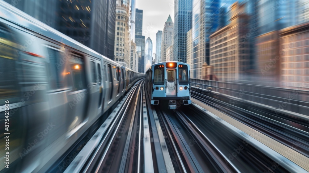 Poster a commuter train speeding through an urban cityscape, passing skyscrapers and modern architecture.