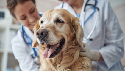 Two female veterinarians are examining a dog at an event, showing care for the canine