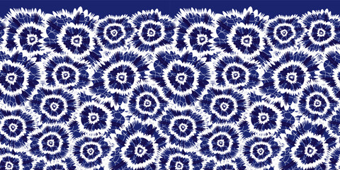 Vector blue indigo shibori circle flowers abstract horizontal border pattern. Suitable for invitation card and posters.