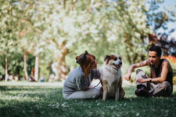 A young man and woman relax and play with their joyful dog in a lush, sunlit park, embodying a perfect day outdoors.