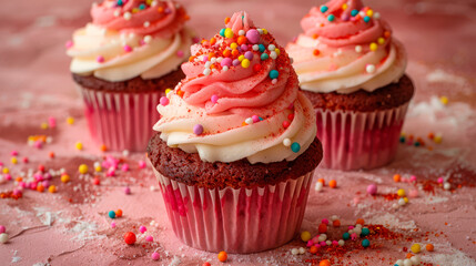 Close-up of pink frosted cupcakes with sprinkles on a pink background. Concept: dessert, celebration, sweets. Suitable for bakeries, cafes, party planners. Relevant for birthdays, weddings, and festi
