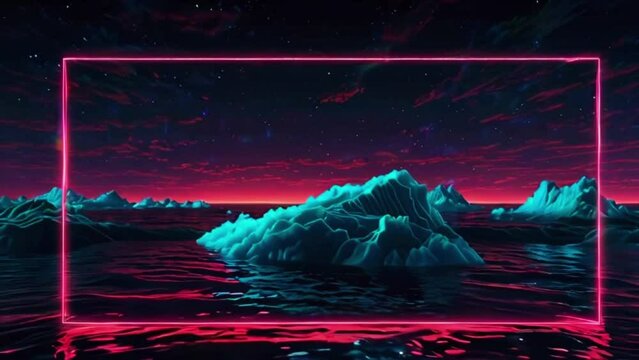 A neon sea with glowing square waves rippling across its surface. Spinning clouds drift overhead, and a blank geometric frame hovers above the waves, reflecting the neon light, 4K Animation video