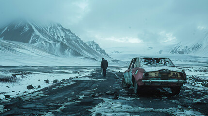 Naklejka premium Winter Mountains, Old Road, Vintage Car, Silhouette of a Person