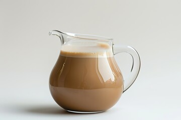 Jug of condensed milk on white background