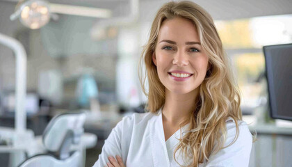 Fototapeta premium A female dentist in a dental office is smiling with crossed arms and stylish accessories