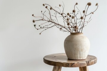 Fototapeta premium Minimal home decor with ceramic vase wooden stool and dried poppy heads White background with copy s