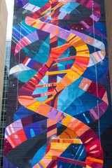 Vibrant DNA Double Helix Graffiti Mural - Urban Street Art, Bold Colors, Dynamic Patterns for...