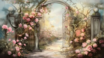 Fototapeta premium A garden gate with roses, watercolor, detailed, wallpaper design, pastel color, banner, and wall design for print