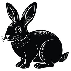 Flat Modern black cute Rabbit full body silhouette with white transparent background