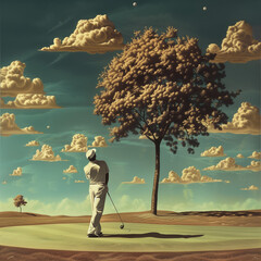 Surreal Golf Scene with Floating Clouds,  AI Generation