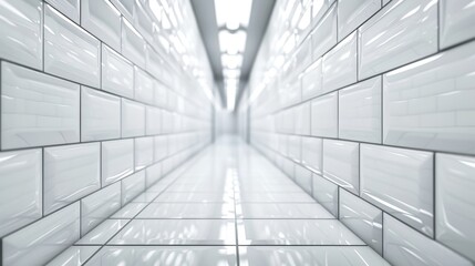 Obraz premium Bright, clean white-tiled corridor with reflective surfaces creating a futuristic, minimalist appearance under fluorescent lighting.