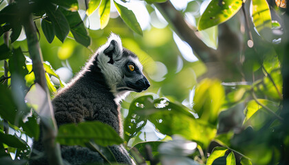 Fototapeta premium Lemur in Tropical Rainforest, Interesting Plants in Background, Green Nature Wallpaper with Copy Space