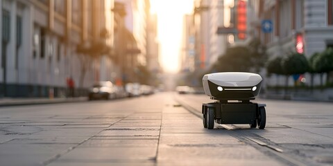 Advanced Technology Driverless Robot Delivering Packages on City Streets. Concept Autonomous Delivery, Urban Robotics, Future Transportation, Innovative Technology, Smart City Integration