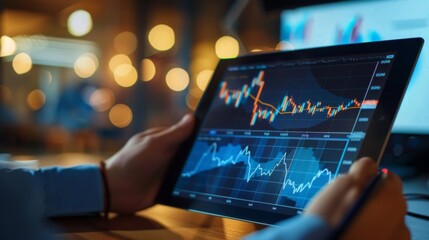 A financial advisor explaining stock market trends to a client using a graph on a tablet.