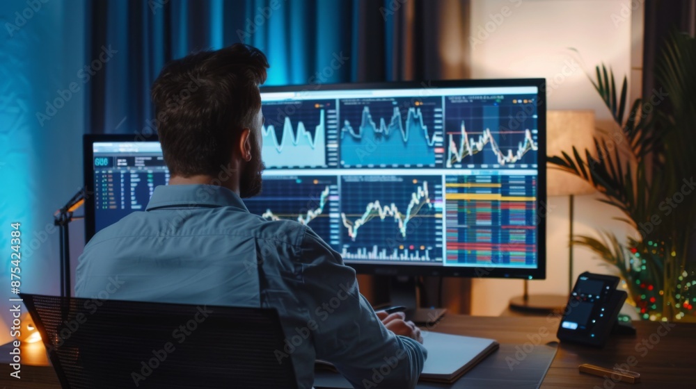 Aufkleber A financial analyst writing notes while studying graphs on a large monitor.