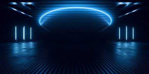 Futuristic Cyber Laser Electric Neon Lightning Vibrant Glowing Tunnel Corridor Metal Concrete Studio Backdrop Background Tunnel Corridor 3D Rendering © IM_VISUALS