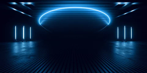 Futuristic Cyber Laser Electric Neon Lightning Vibrant Glowing Tunnel Corridor Metal Concrete Studio Backdrop Background Tunnel Corridor 3D Rendering © IM_VISUALS