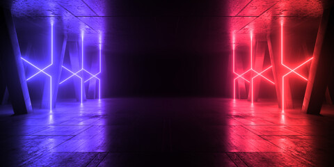 Futuristic Cyber Laser Electric Neon Lightning Bolts Vibrant Glowing Tunnel Corridor Metal Concrete Studio Backdrop Background Tunnel Corridor 3D Rendering