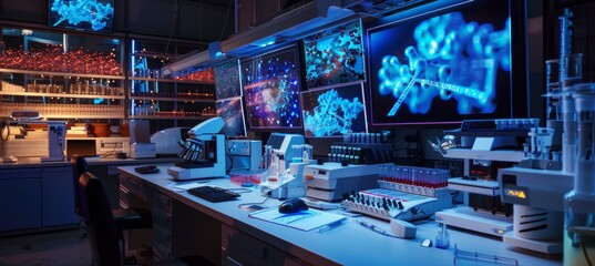 Cutting-Edge Laboratory Studying DNA Repair with Advanced Equipment and Digital Molecular Displays