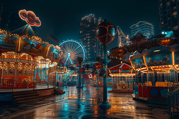 View of the lights from the amusement park at night.