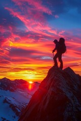 Fototapeta premium Hiker Silhouette On Sunset Peak: Goals, achievements, success, triumph.